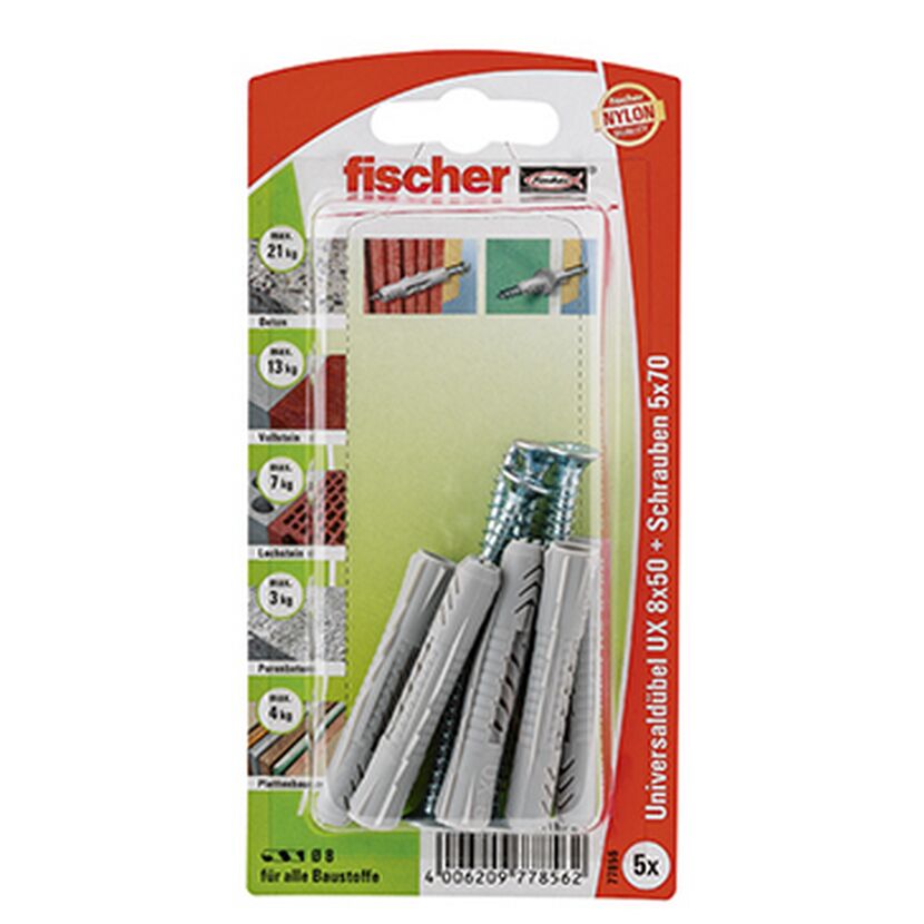fischer Universaldübel UX 8 x 50 S mit Schraube 5 Stück