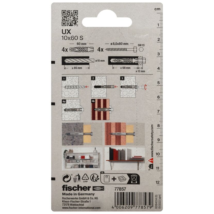 fischer Universaldübel UX 10 x 60 S mit Schraube 4 Stück