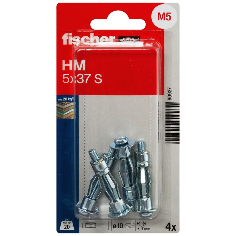 Hohlraum-Metalldübel 'HM' Ø 5 x 37 mm mit metrischer Schraube 8-teilig