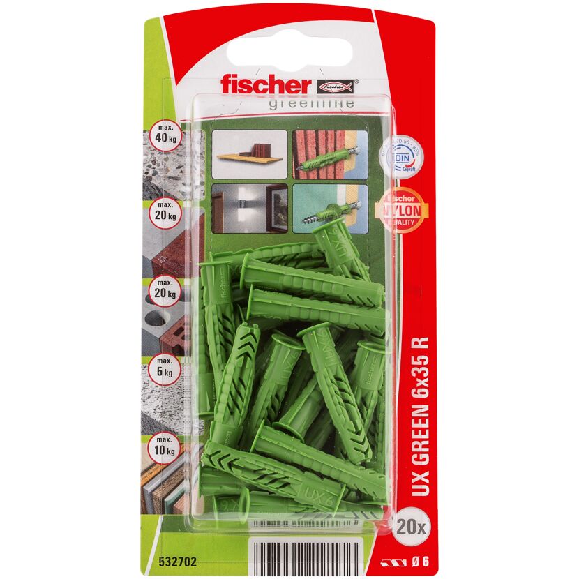 Universaldübel 'UX Green' Ø 6 x 35 mm mit Rand 20 Stück
