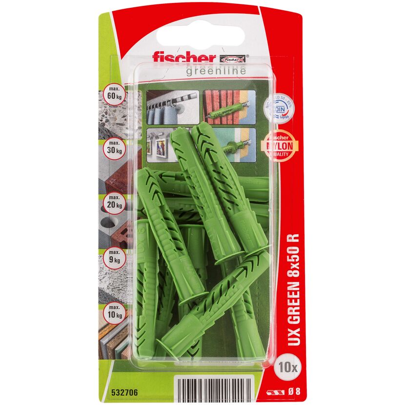 Universaldübel 'UX Green' Ø 8 x 50 mm mit Rand 10 Stück