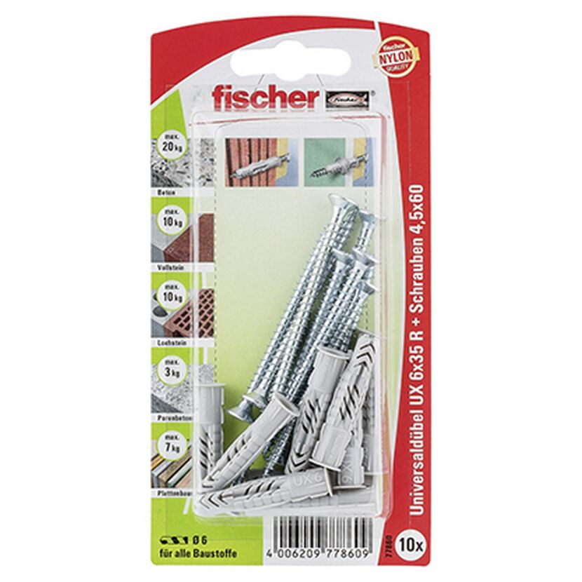 fischer Universaldübel UX 6 x 35 R S mit Rand und Schraube 10 Stück