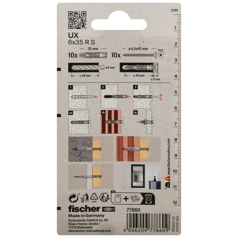 fischer Universaldübel UX 6 x 35 R S mit Rand und Schraube 10 Stück