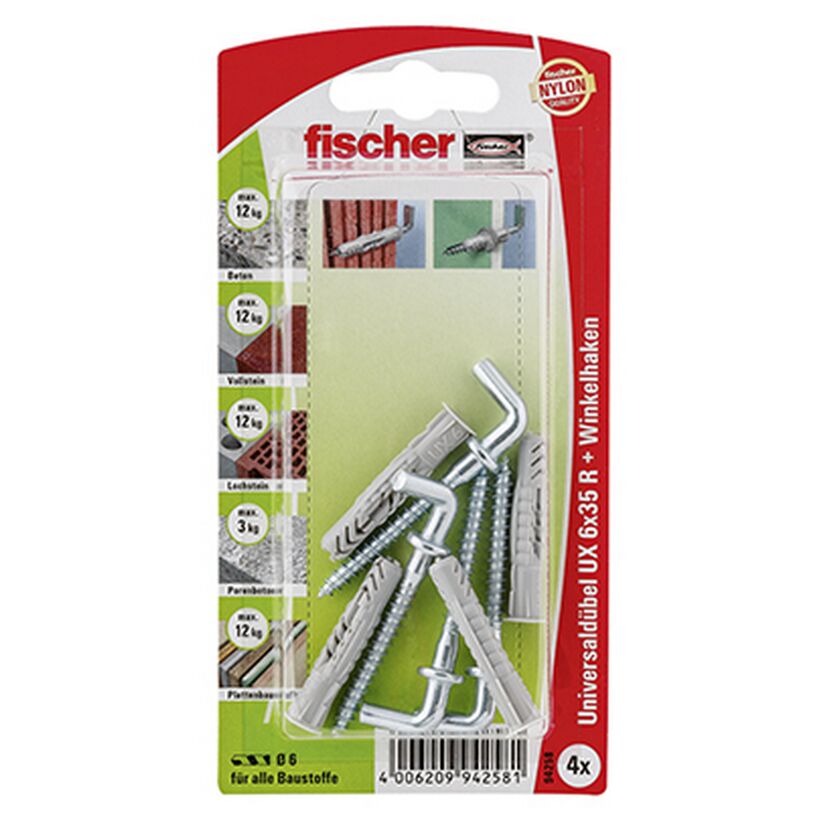 fischer Universaldübel UX 6 x 35 WH mit Winkelhaken 4 Stück