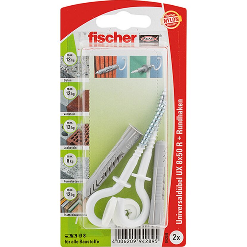 fischer Universaldübel UX 8 x 50 RH mit Rundhaken, nylonbeschichtet 2 Stück