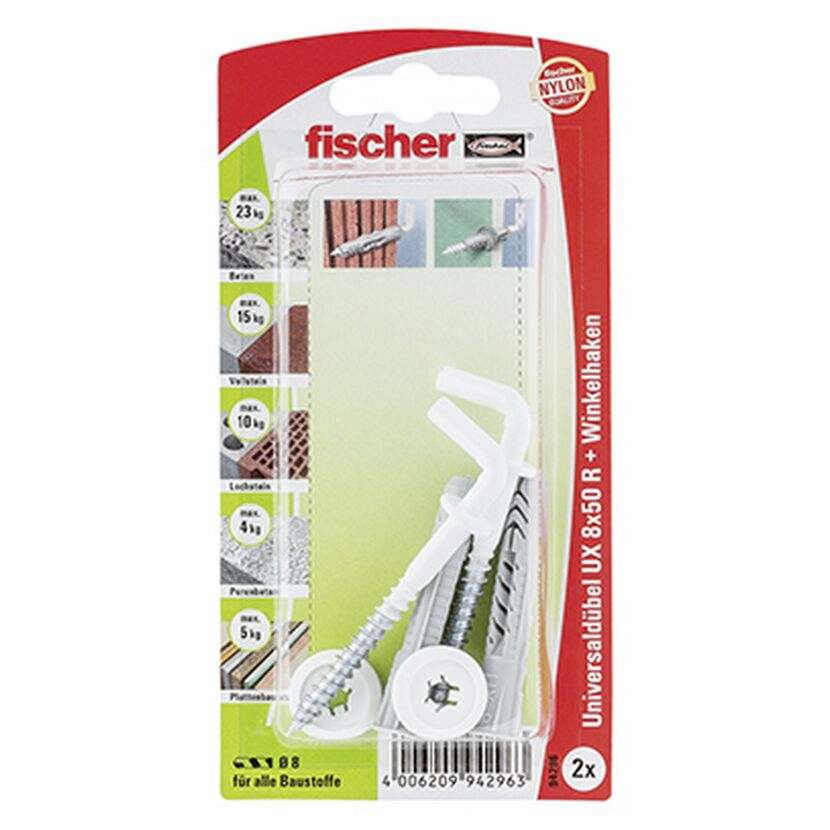 fischer Universaldübel UX 8 x 50 RH mit Winkelhaken, nylonbeschichtet 2 Stück