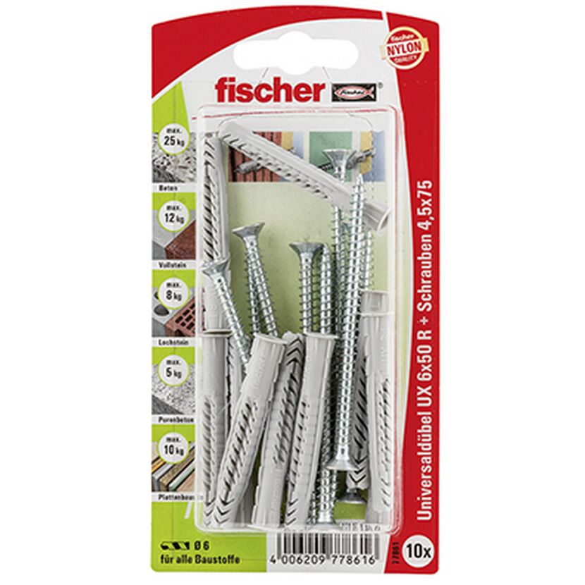 fischer Universaldübel UX 6 x 50 R S mit Rand und Schraube 10 Stück