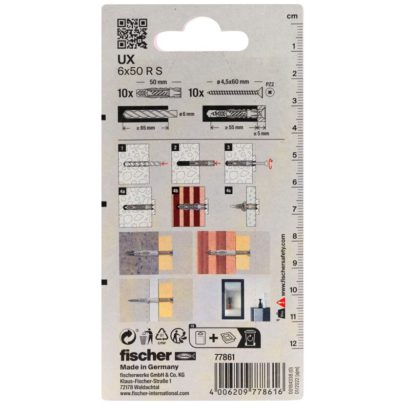 fischer Universaldübel UX 6 x 50 R S mit Rand und Schraube 10 Stück