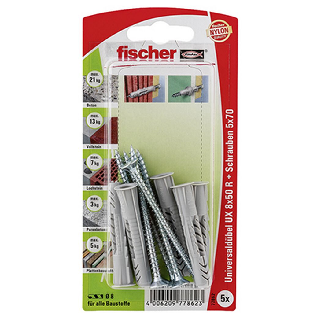 fischer Universaldübel UX 8 x 50 R S mit Rand und Schraube 5 Stück