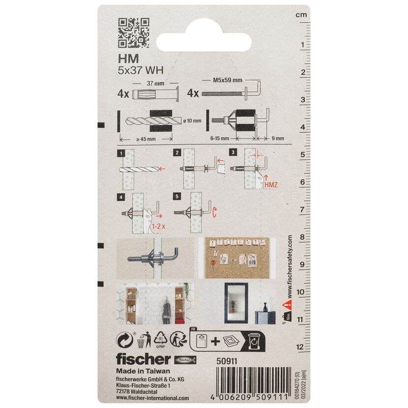 fischer Hohlraum-Metalldübel HM 5 x 37 H mit Winkelhaken 4 Stück