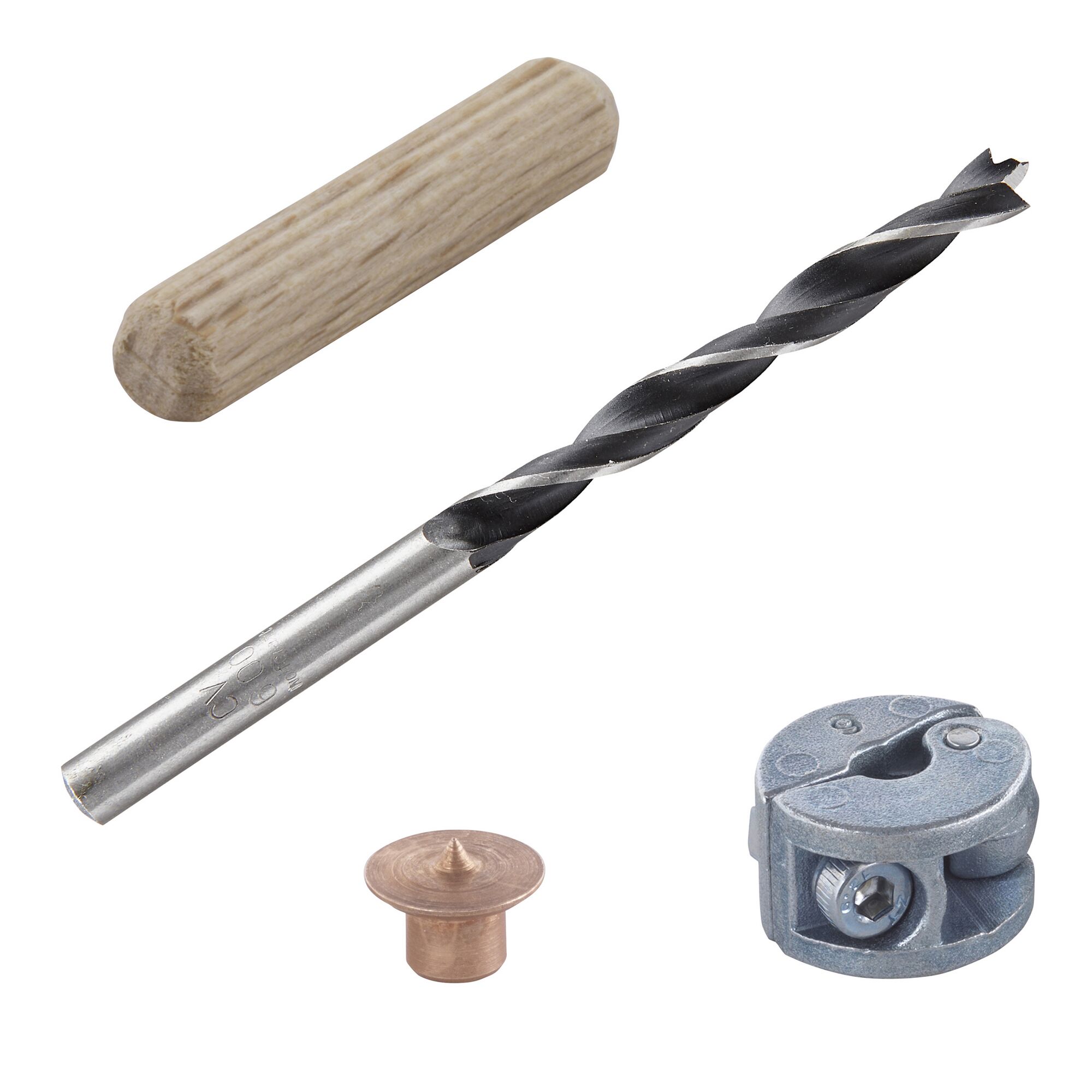 Dübel, Bohrer, Zentrierspitze und Verbinder
