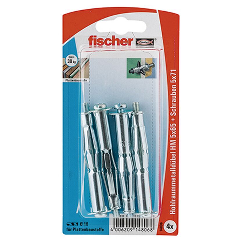 fischer Hohlraum-Metalldübel HM 5 x 65 S mit metrischer Schraube 4 Stück