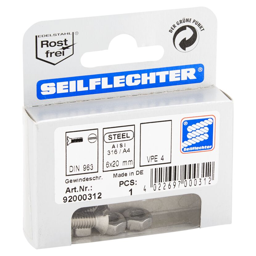 Gewindeschrauben Edelstahl Senkkopf 6 x 20 mm 4 Stück