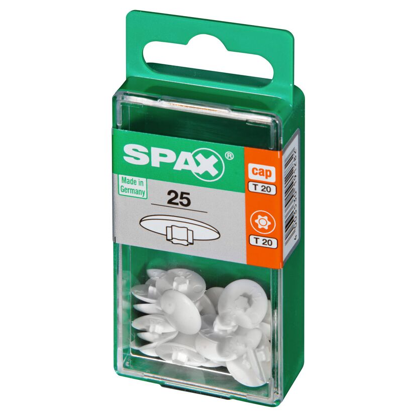 Weiße SPAX Abdeckkappen, 25 Stück in durchsichtiger Verpackung