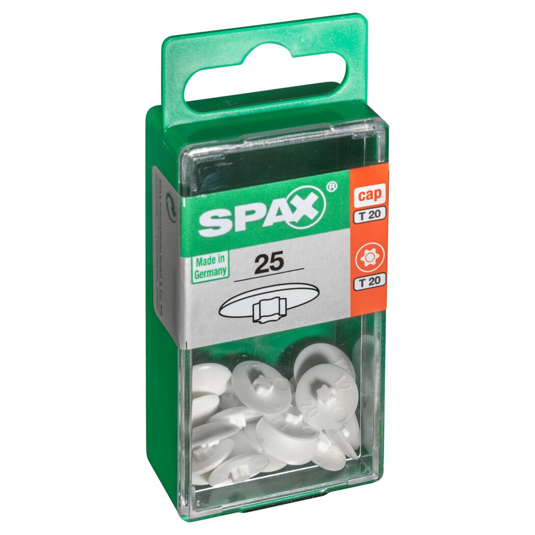 Weiße SPAX-Kappen in durchsichtiger Verpackung