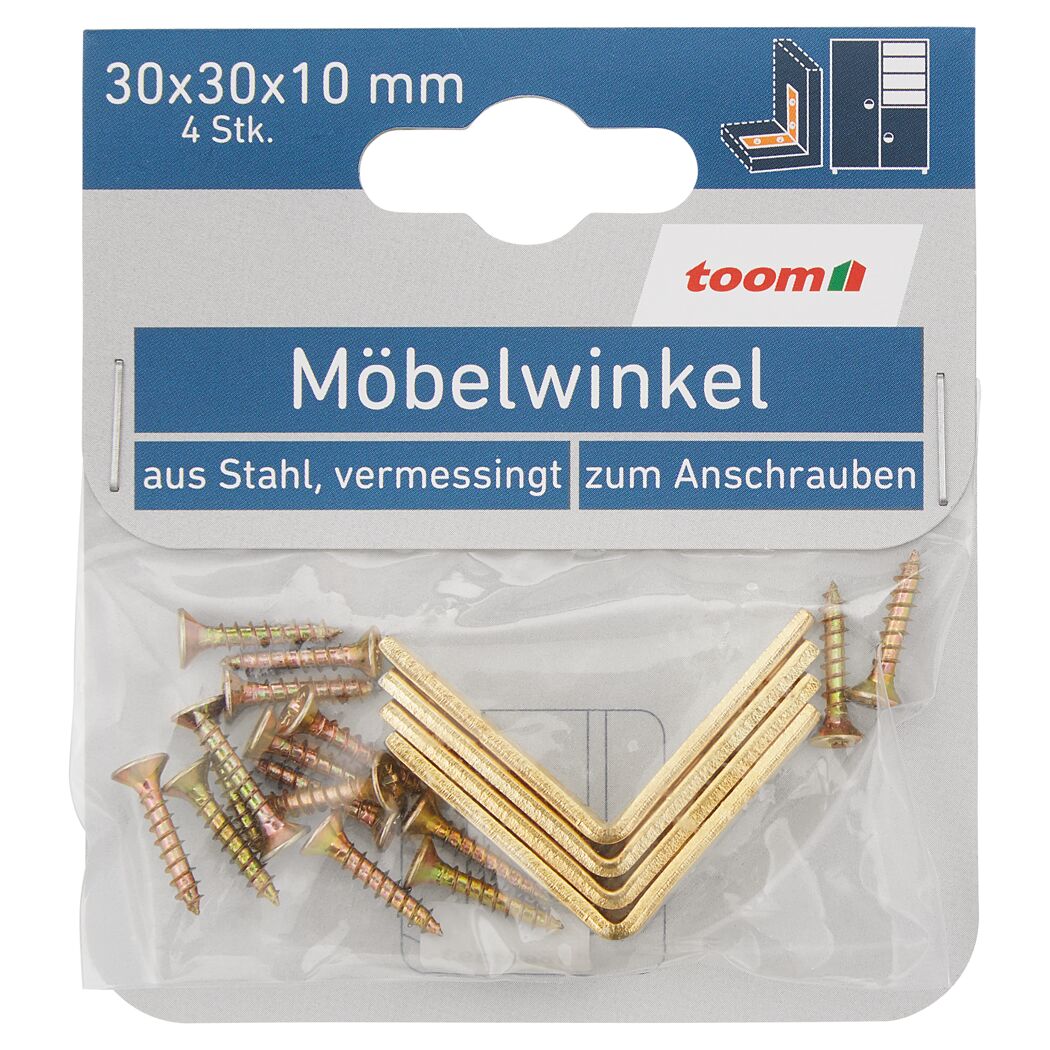 Möbelwinkel Stahl vermessingt 4 Stück 10 x 30 x 30 mm innenliegende Verschraubung