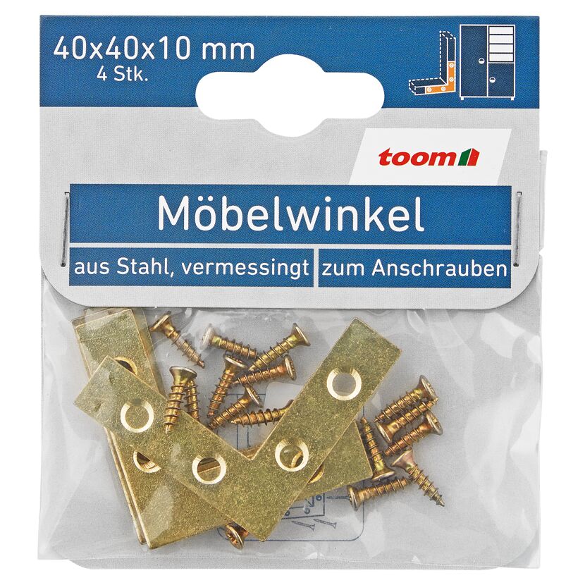 Möbelwinkel Stahl vermessingt 4 Stück 10 x 40 x 40 mm seitliche Verschraubung