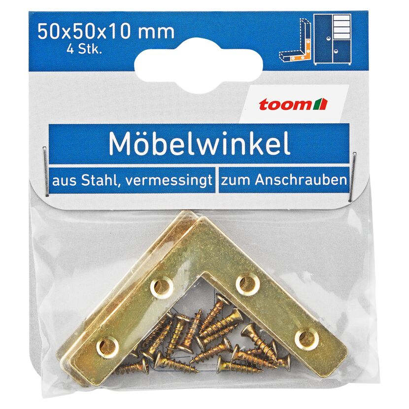 Möbelwinkel Stahl vermessingt 4 Stück 10 x 50 x 50 mm seitliche Verschraubung