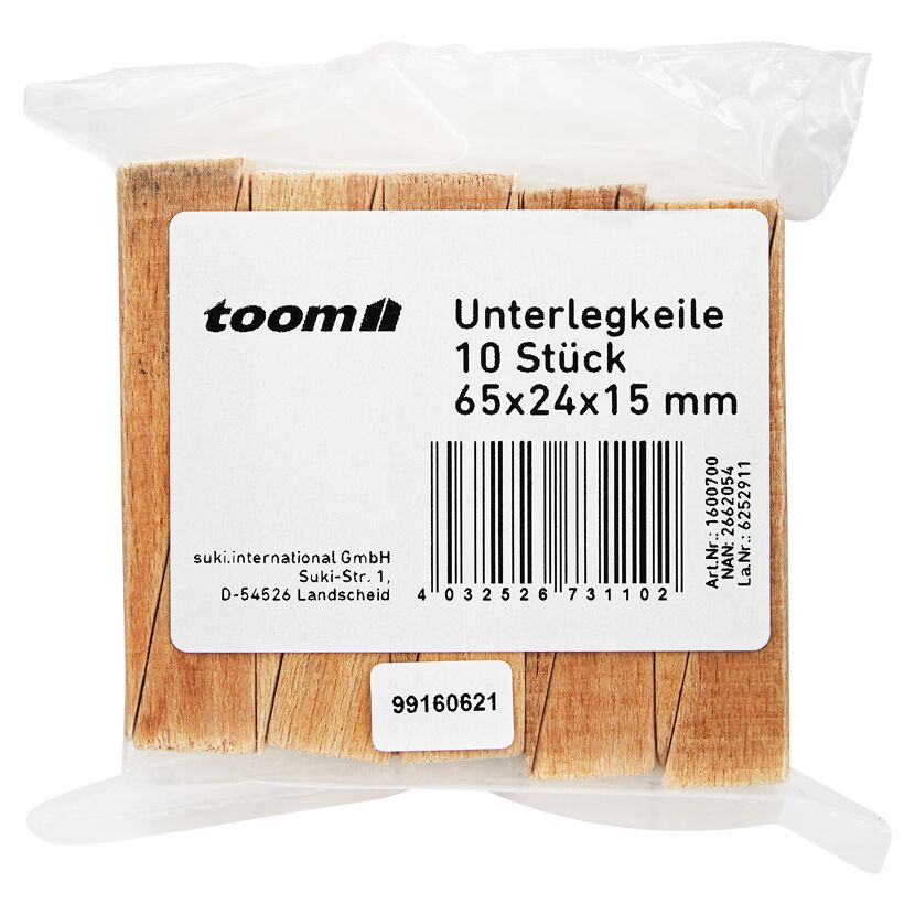 Zehn Buchenholz-Unterlegkeile in Folie verpackt
