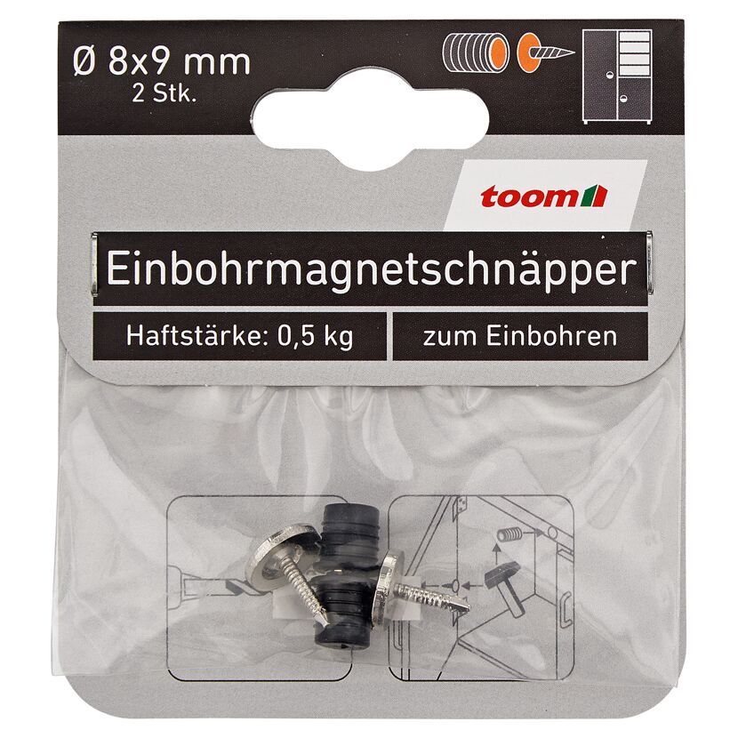Zwei Einbohrmagnetschnäpper von toom mit Schrauben.
