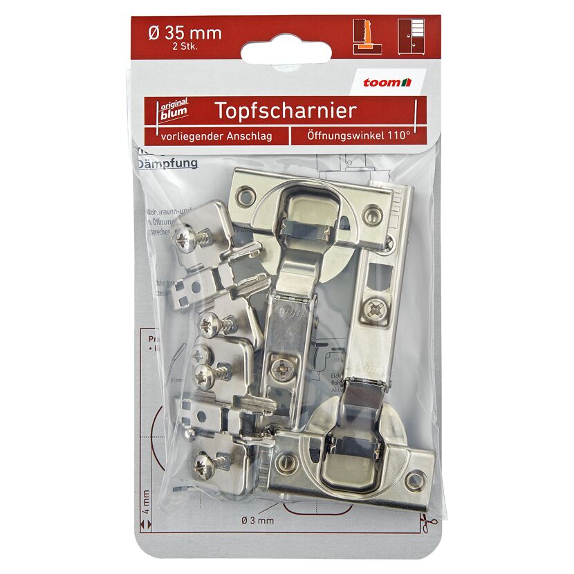 Zwei Topfscharniere von toom mit Schrauben in Verpackung