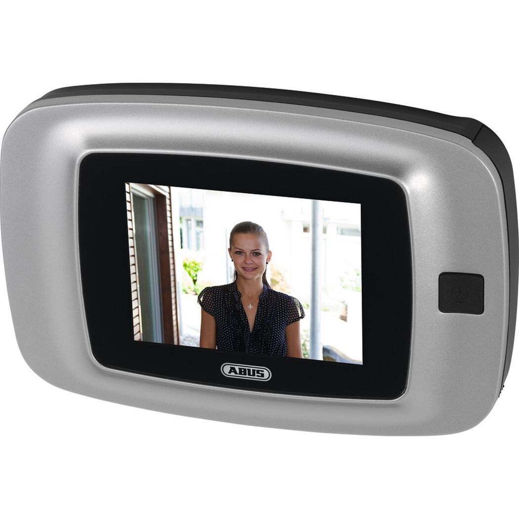 Abus digitaler Türspion mit Display. Eine Person steht vor der Tür.