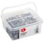Eine durchsichtige Plastikbox mit Dachpappstiften.