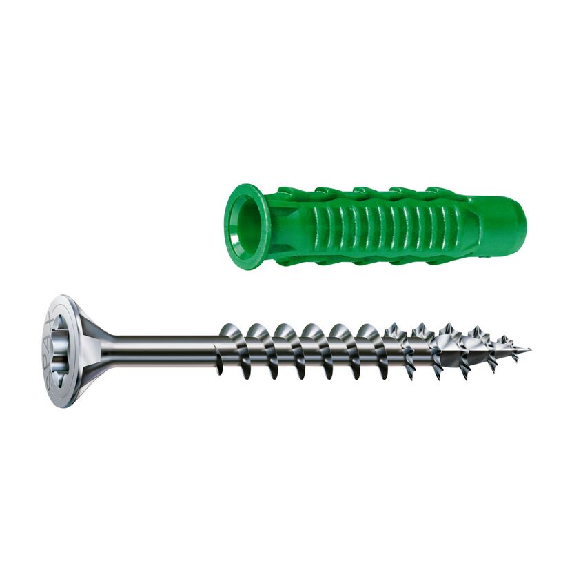 Grüner Dübel und Schraube