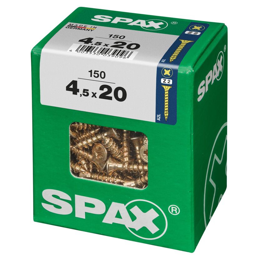 150 SPAX Senkkopfschrauben 4,5 x 20 mm in grüner Verpackung