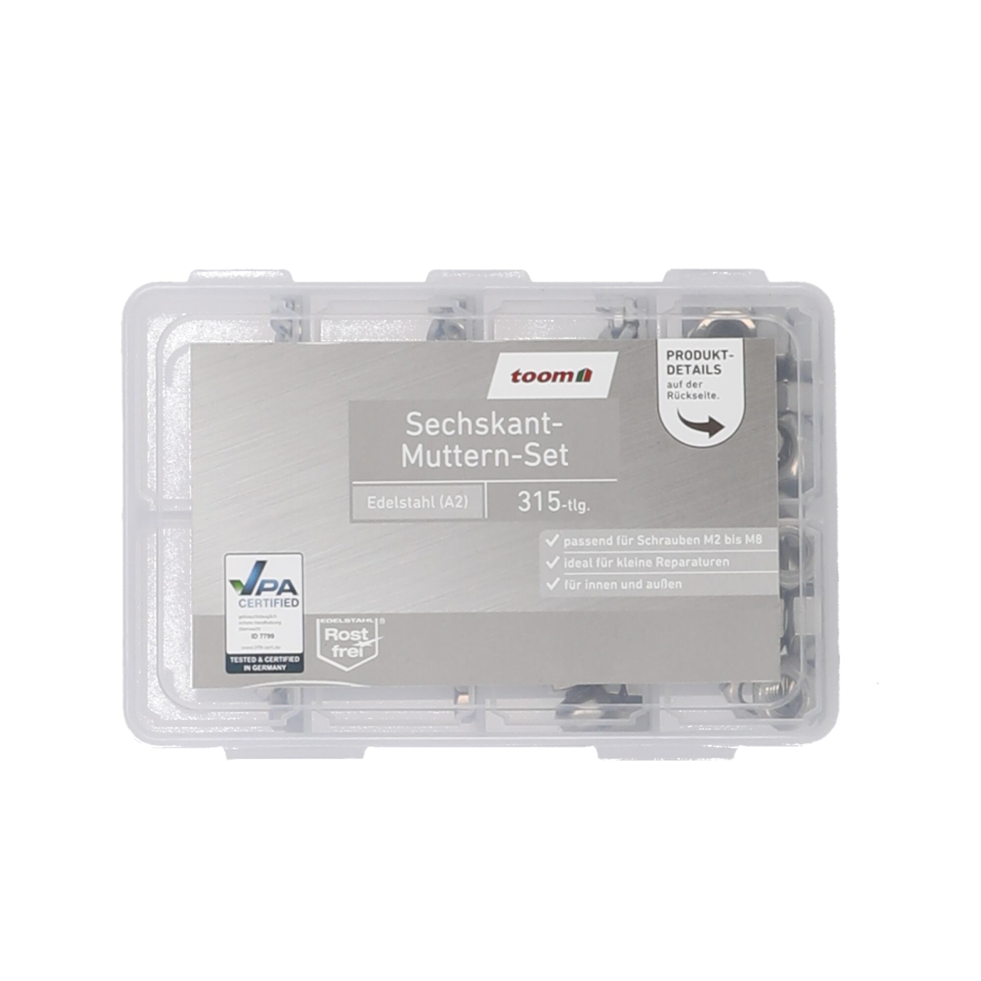 Sechskant-Muttern-Set Edelstahl A2, 315-teilig