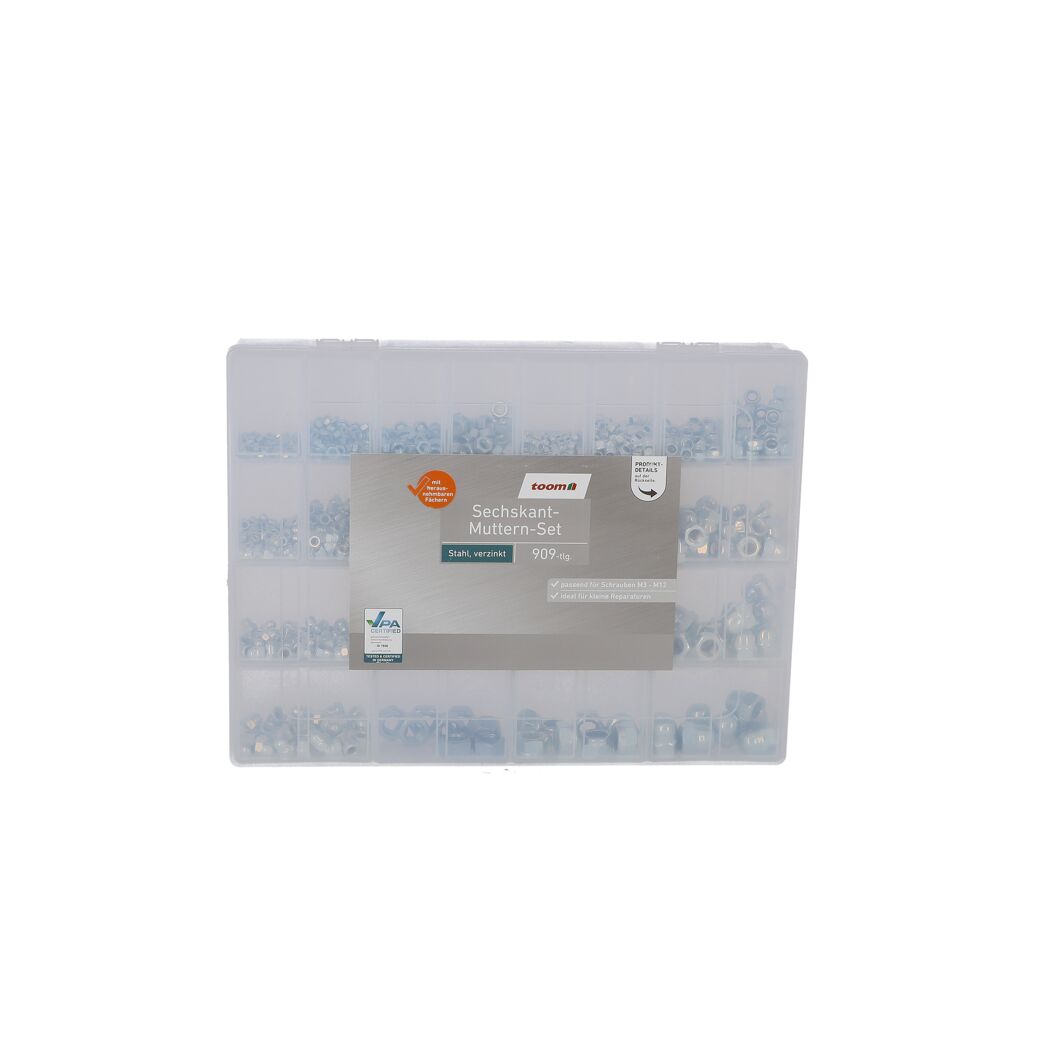 Sechskant-Muttern-Set, 909-teilig, Stahl, verzinkt