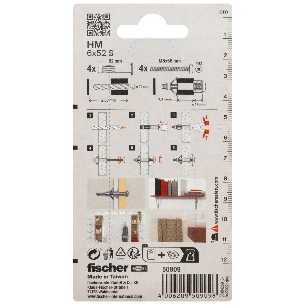 fischer Hohlraum-Metalldübel HM 6 x 52 S mit metrischer Schraube 4 Stück