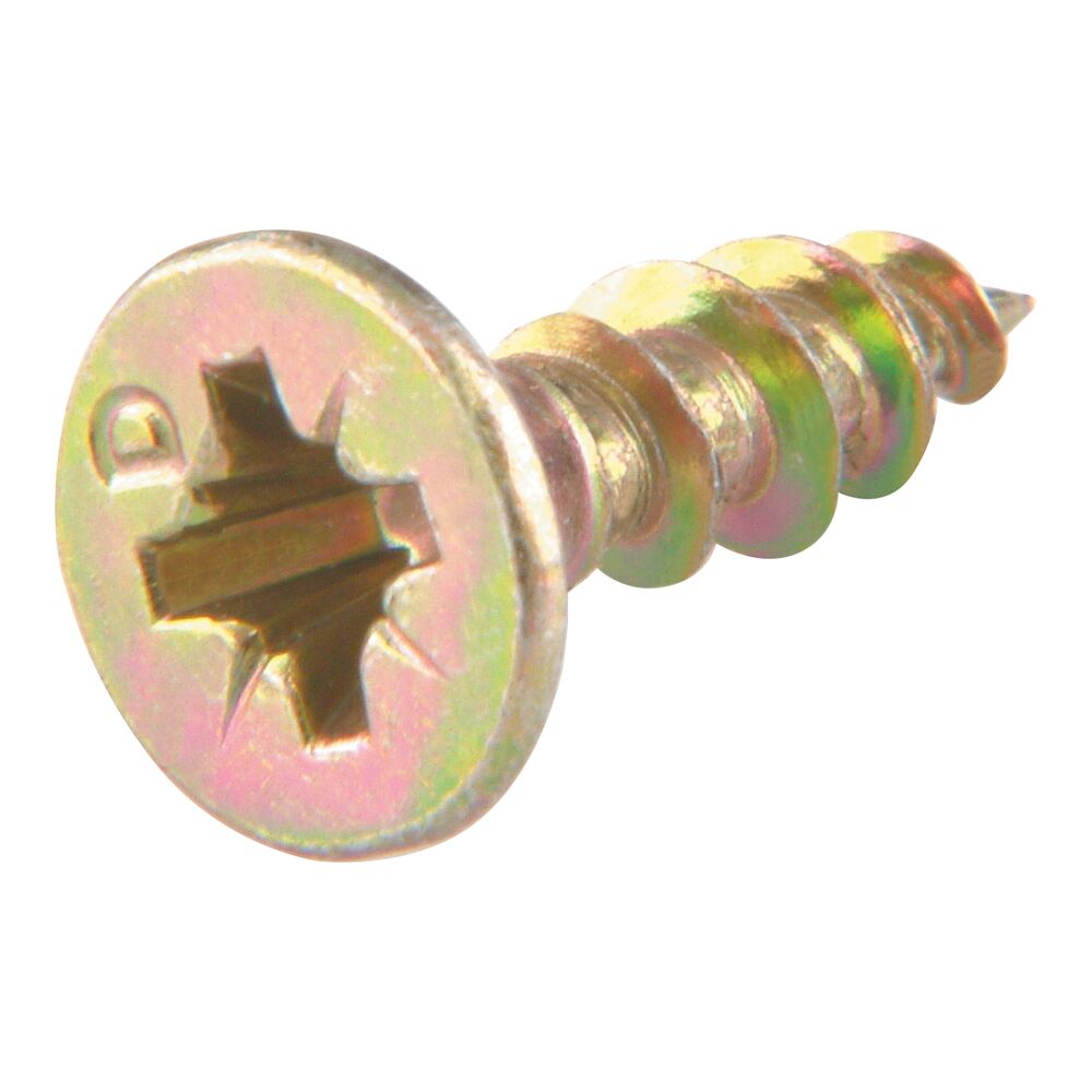 Eine goldene Schraube mit Kreuzschlitz.