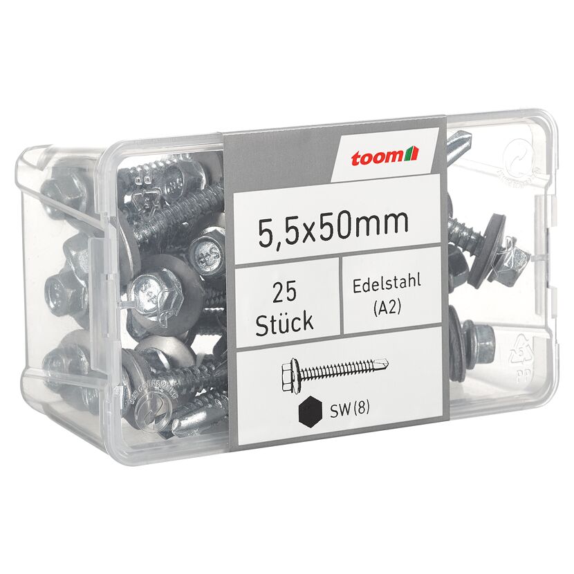 Fassadenbohrschrauben SW8 Sechskantkopf Edelstahl 5,5 x 50 mm 25 Stück