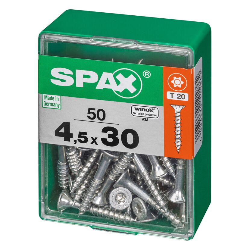 50 SPAX Schrauben 4,5 x 30 mm in einer grünen Box