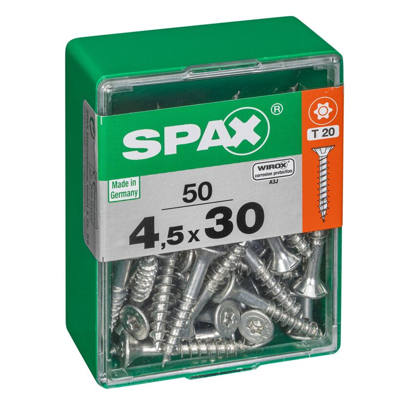 50 SPAX Schrauben 4,5x30 mm in einer grünen Box