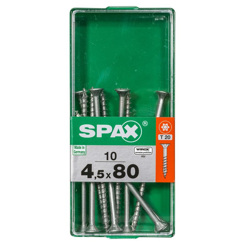 SPAX Schrauben 4,5 x 80 mm, 10 Stück in grüner Box