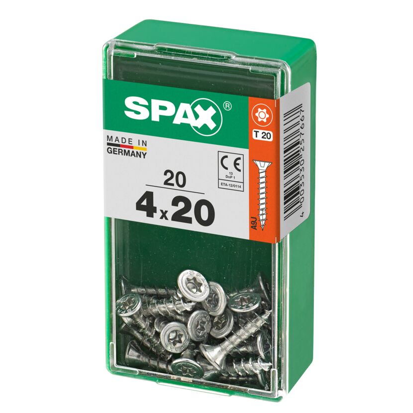 SPAX Senkkopfschrauben 4x20 mm, 20 Stück in grüner Box