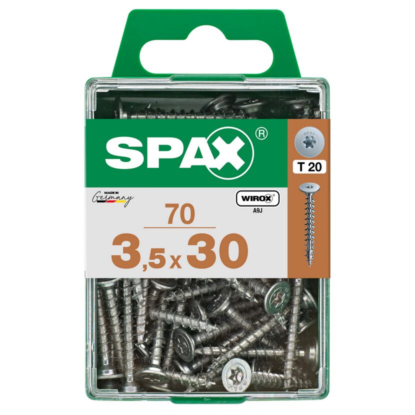 70 SPAX Schrauben 3,5 x 30 mm in einer durchsichtigen Plastikbox