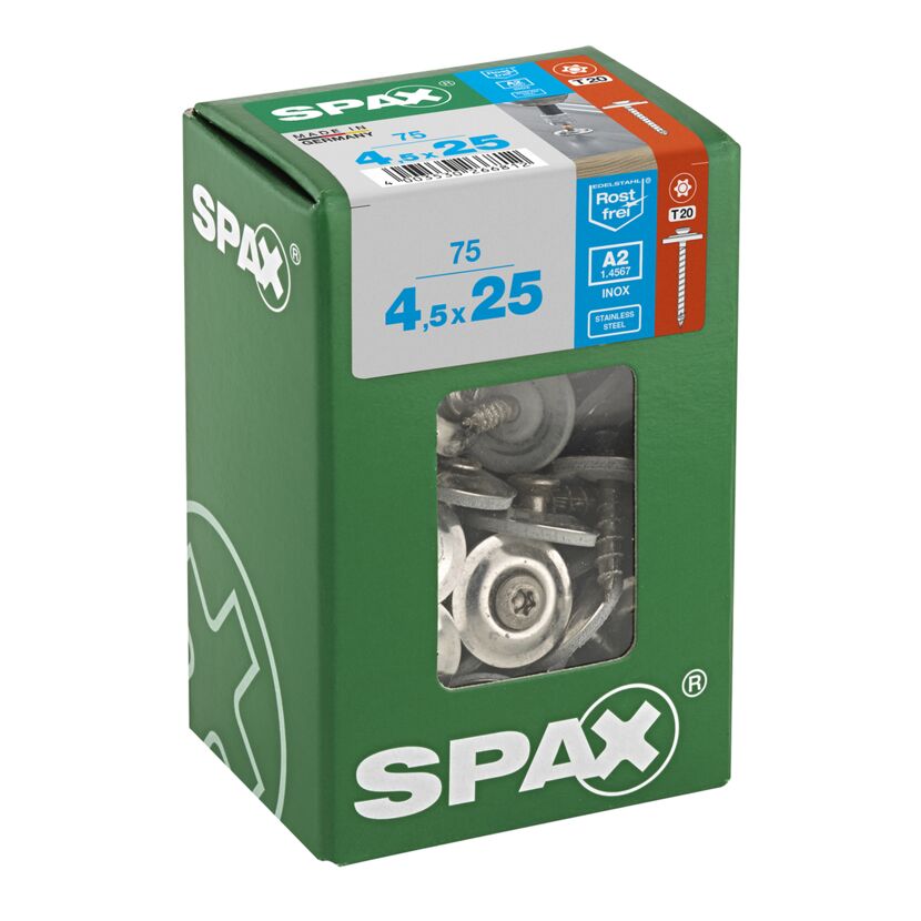 SPAX Spenglerschrauben 4,5 x 25 mm in einer grünen Pappschachtel