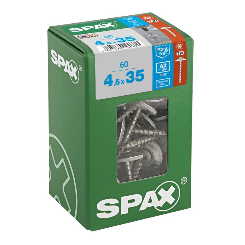 SPAX Spenglerschrauben 4,5 x 35 mm in einer grünen Pappschachtel