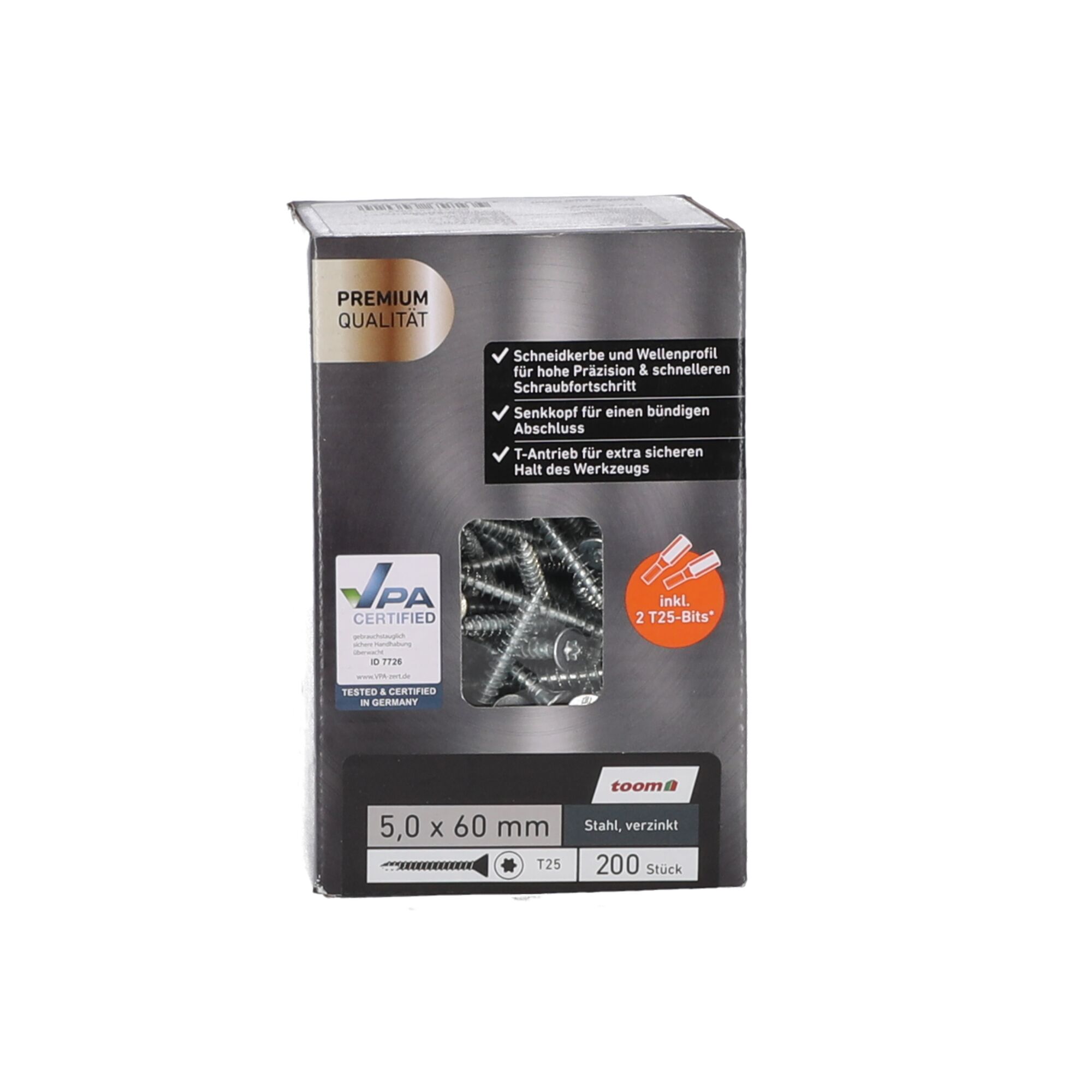 Verzinkte Stahlschrauben 5,0 x 60 mm mit T25 Antrieb