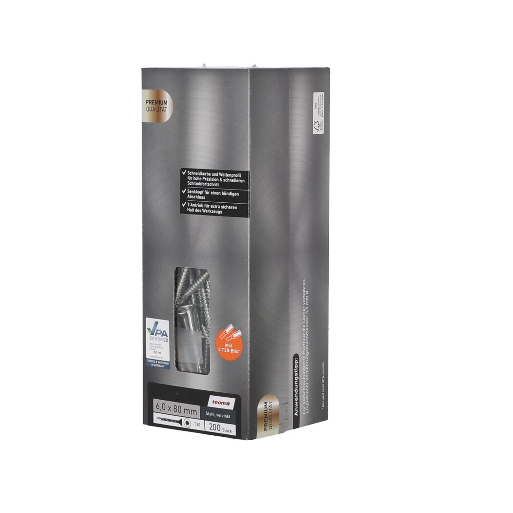 Verpackung von 200 verzinkten Stahlschrauben 6 x 80 mm mit zwei T30 Bits.