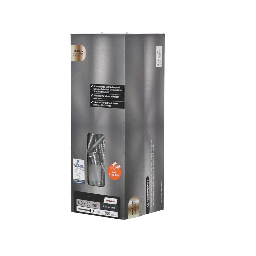 Verpackung von 200 verzinkten Stahlschrauben 6 x 80 mm mit zwei T30 Bits.