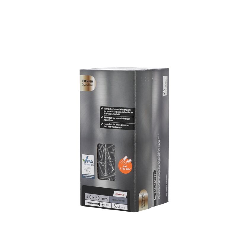 Karton mit 500 toom Premium Edelstahlschrauben 4,0 x 50 mm