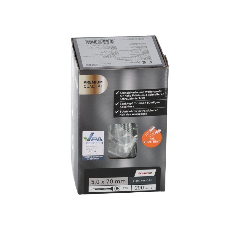 Verzinkte Stahlschrauben 5,0 x 70 mm in Verpackung