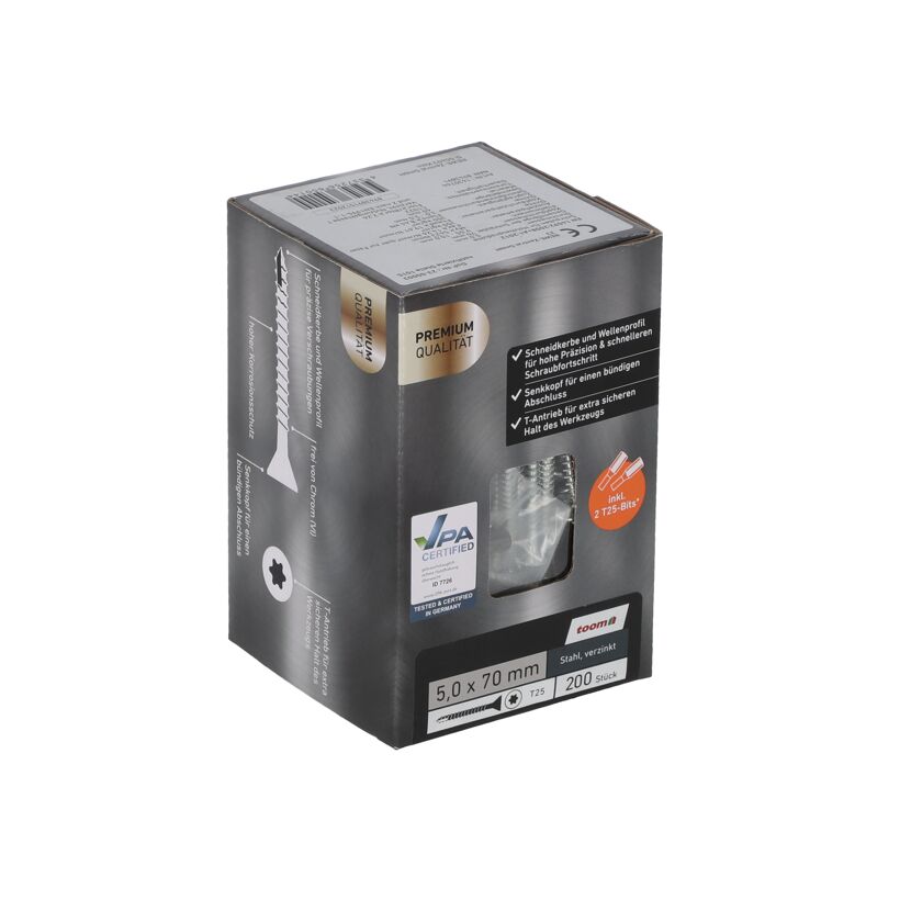 Verpackung von 200 verzinkten Stahlschrauben 5 x 70 mm mit T25-Bit.
