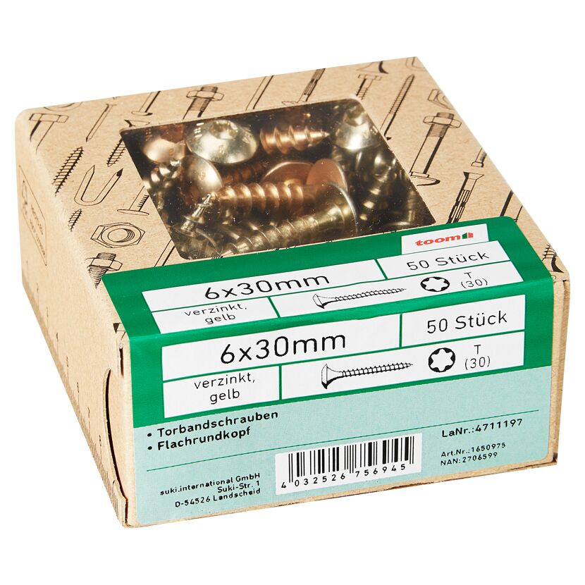 Torbandschrauben T30 Torx Stahl gelb verzinkt 6 x 30 mm 50 Stück