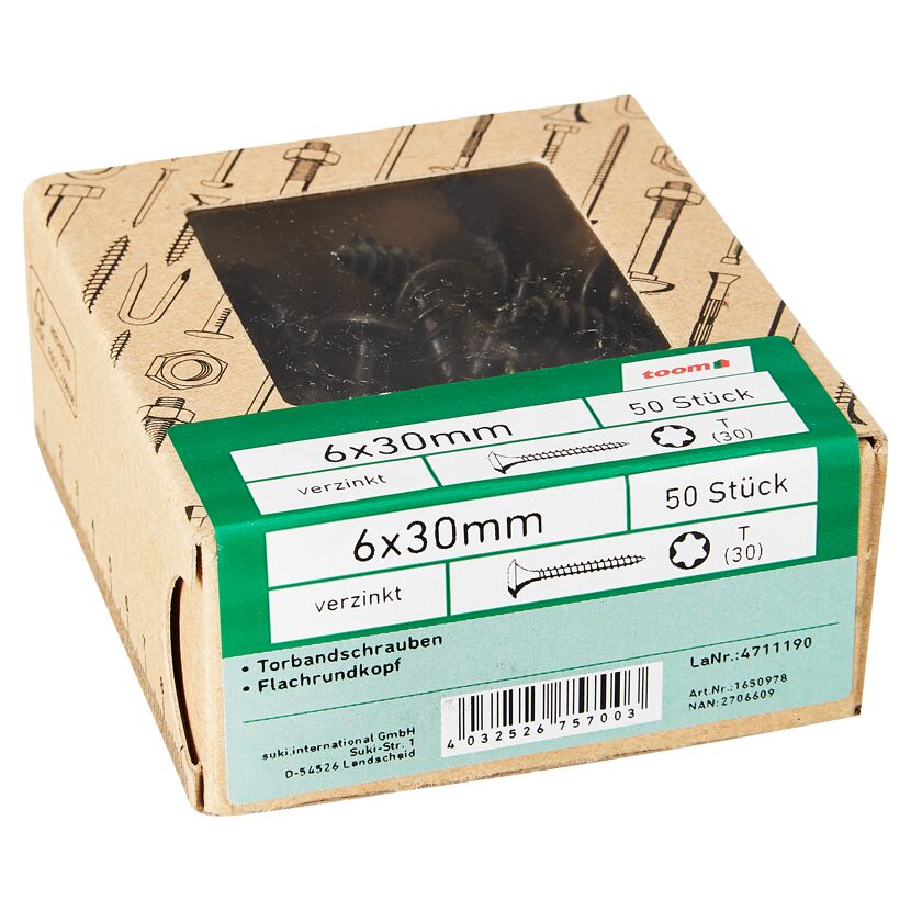Torbandschrauben T30 Torx Stahl schwarz verzinkt 6 x 30 mm 50 Stück