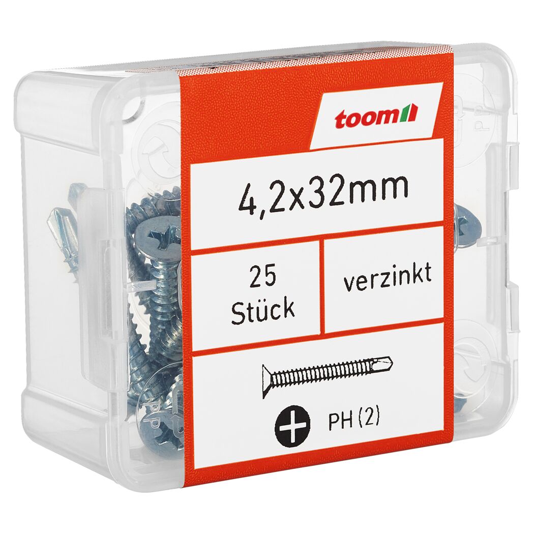 25 verzinkte Blechschrauben 4,2 x 32 mm in durchsichtiger Box